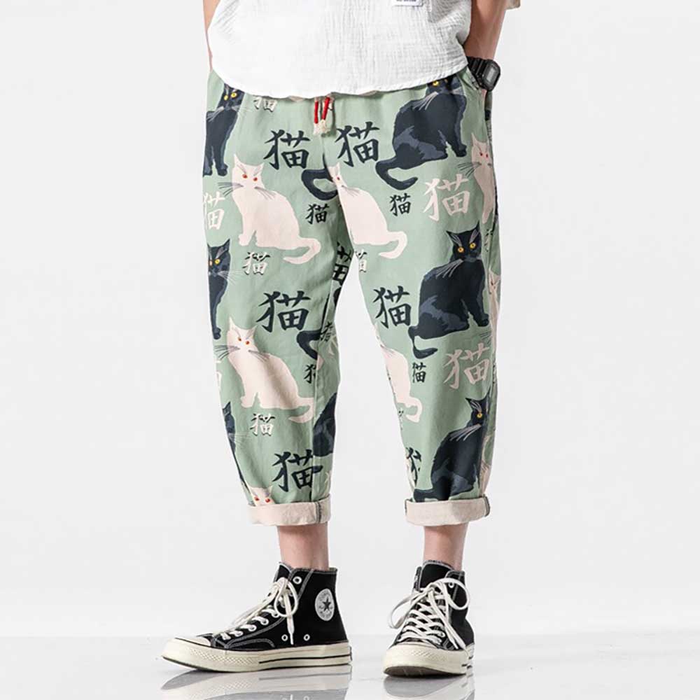 国内で当店のみ CFIERCE - Cats Are Everywhere Pants Daruma and Fortune Cat Print Daicock Loose Fit Sweatpants