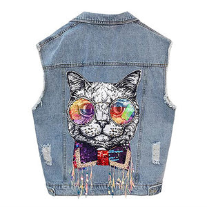 Weird Cat Denim Mini Vest