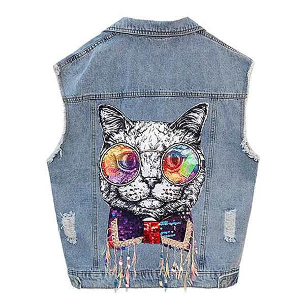 Load image into Gallery viewer, Weird Cat Denim Mini Vest
