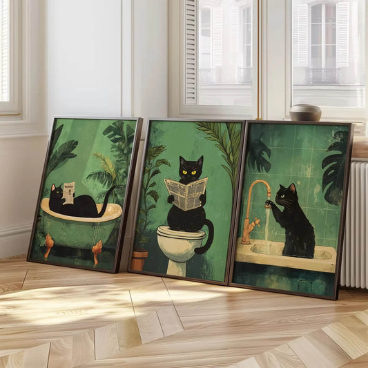 Black Cat Bathroom Trio Wall Art
