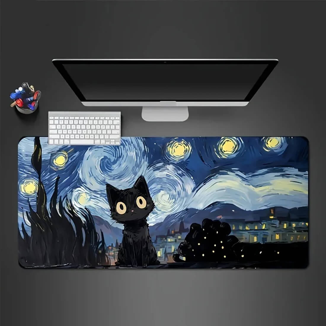 Starry Night Cat Desk Mat