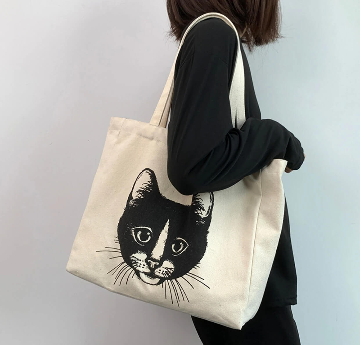 CafePress Black CAT Tote Bag – Reusable Natural Canvas Shopping Bag With Fun Graphic Print