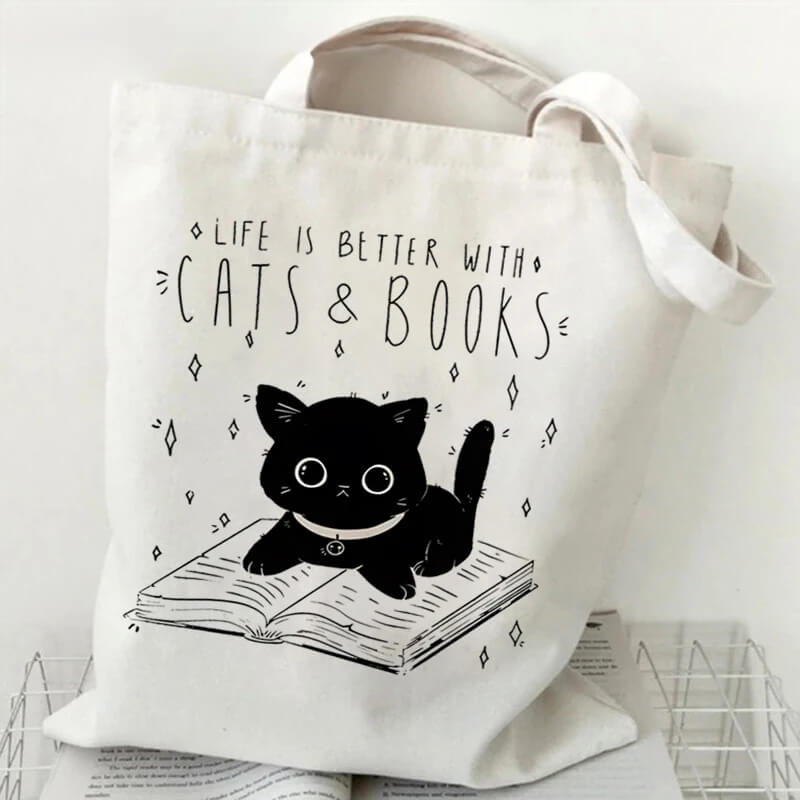 "Life Is Better with Cats & Books" Tote Bag