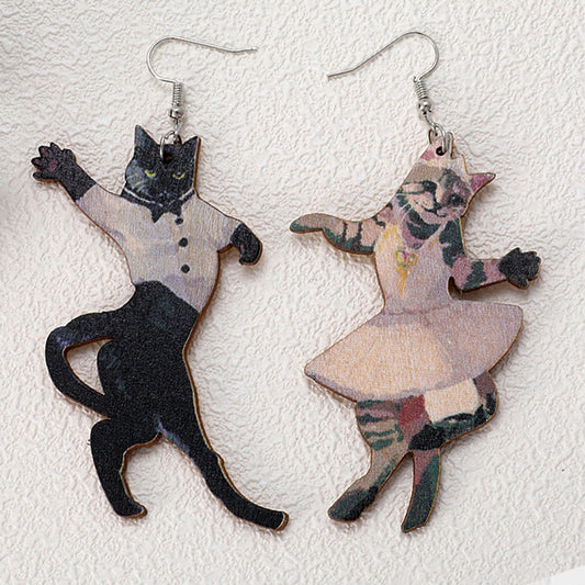 Retro Cat Wood Earrings