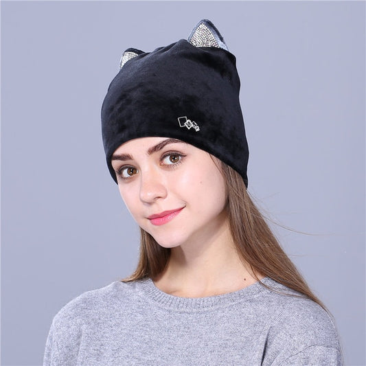 Rhinestone Cat Ear Beanie